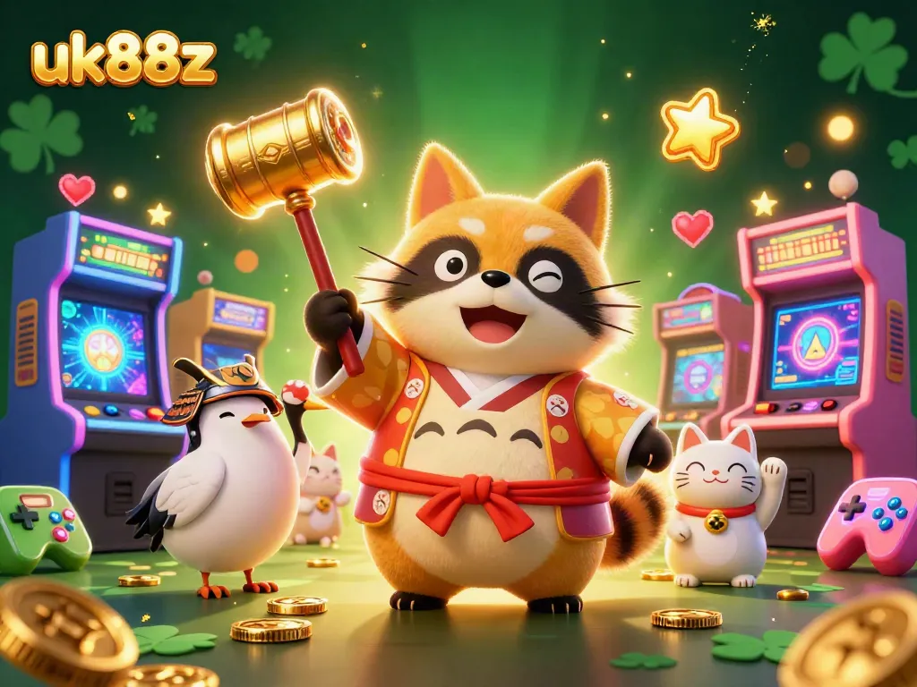 Experience the vibrant atmosphere of uk88z with cheerful characters, arcade games, and casino elements.