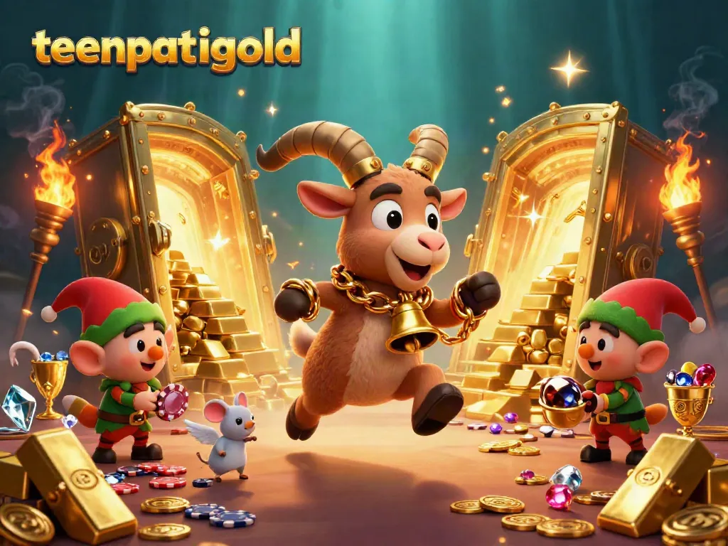 Experience the thrill of teenpatiigold as cartoon characters engage in a lively casino scene filled with treasures.