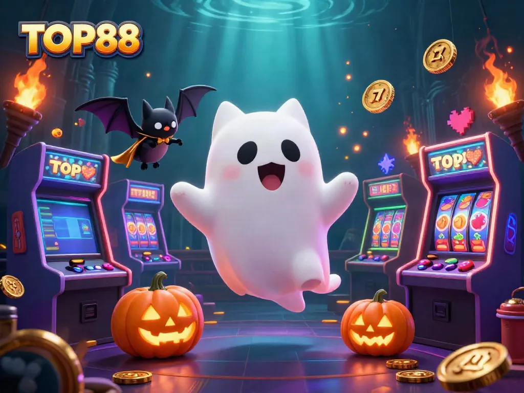 Play at TOP88 with a friendly ghost cat in a haunted casino filled with 3D slot elements.