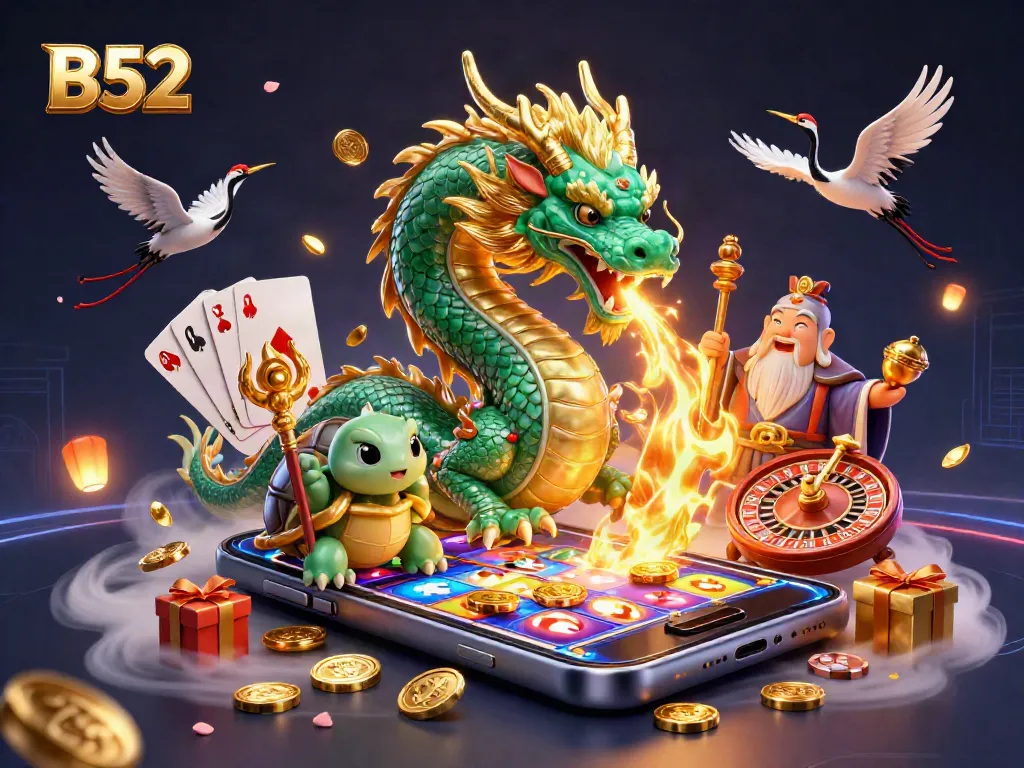 B52 casino adventure with a jade dragon and lucky characters amidst dynamic slot game excitement.
