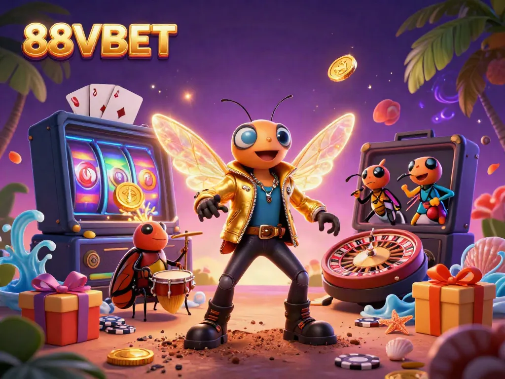 Experience the thrilling entertainment of 88VBET with a lively 3D casino rock star scene packed with vibrant game elements.