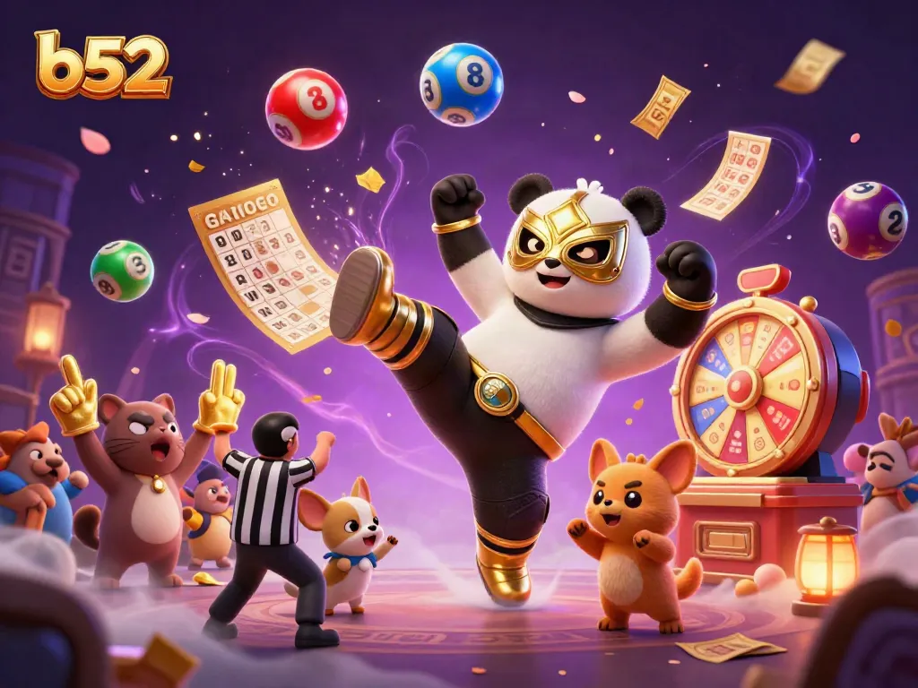 B52-themed casino scene with a panda wrestler and chihuahua referee in action amidst vibrant gambling elements.