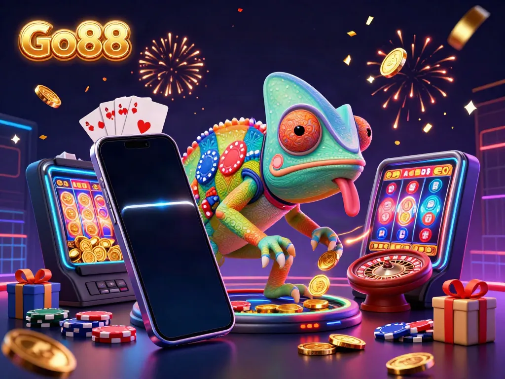 Experience the excitement of Go88 with a vibrant casino scene featuring a chameleon and games.
