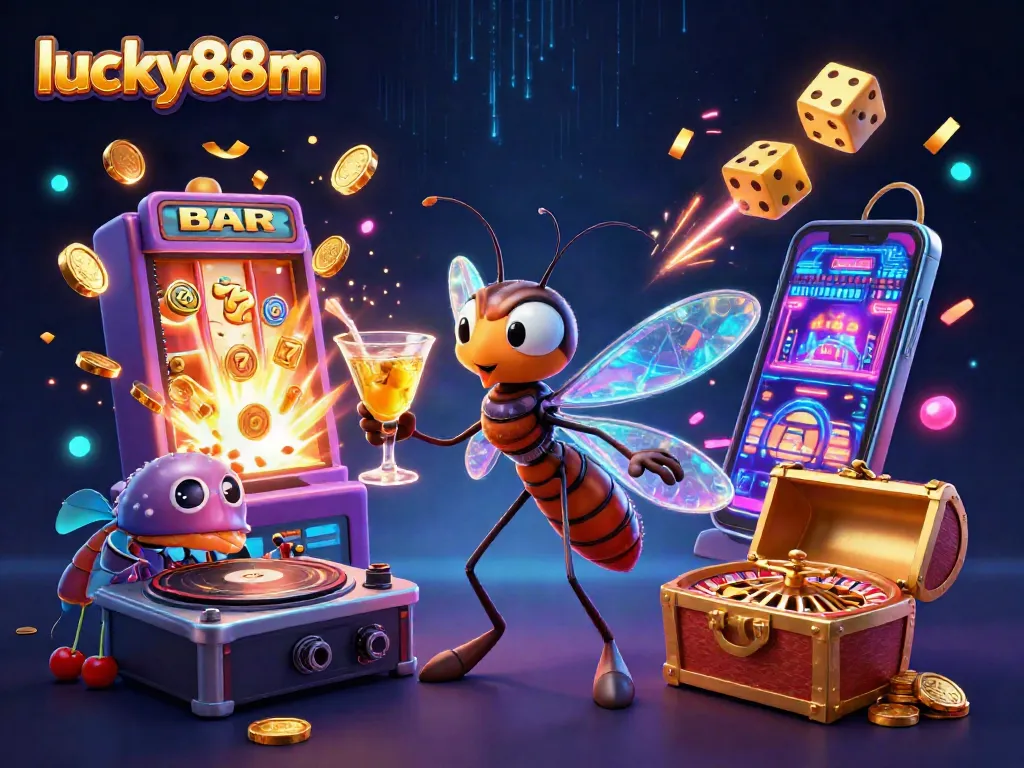 Experience the thrill of lucky88m with captivating casino mascot and vibrant game elements.