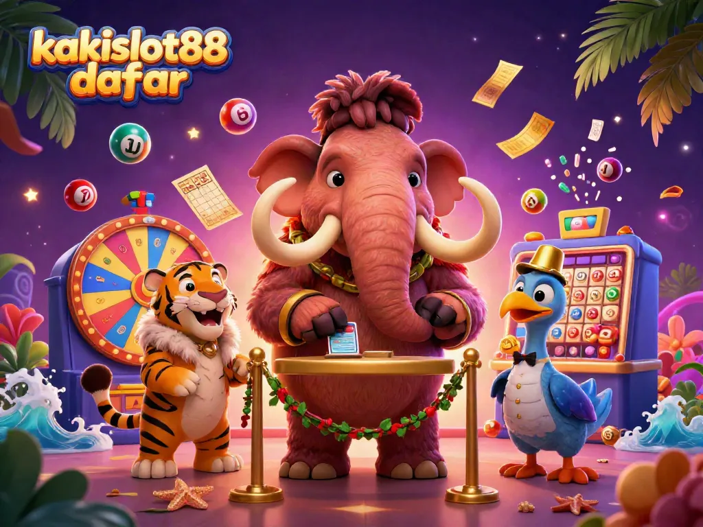 Permainan menarik di kakislot88 daftar, dengan bouncer mamut, tamu VIP, dan doorman dodo di kasino.