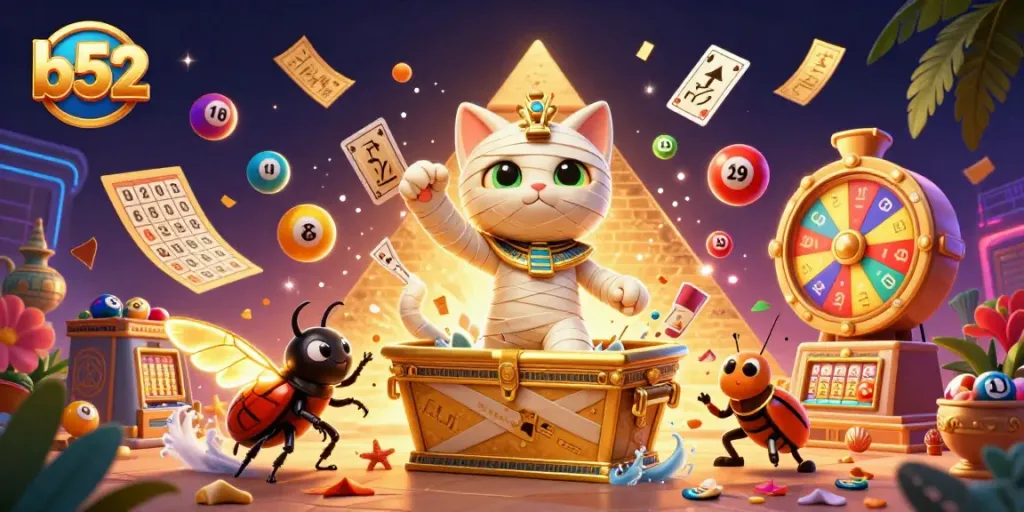 Engage in fun b52 casino games with Egyptian-themed characters and vibrant, dynamic lottery elements.