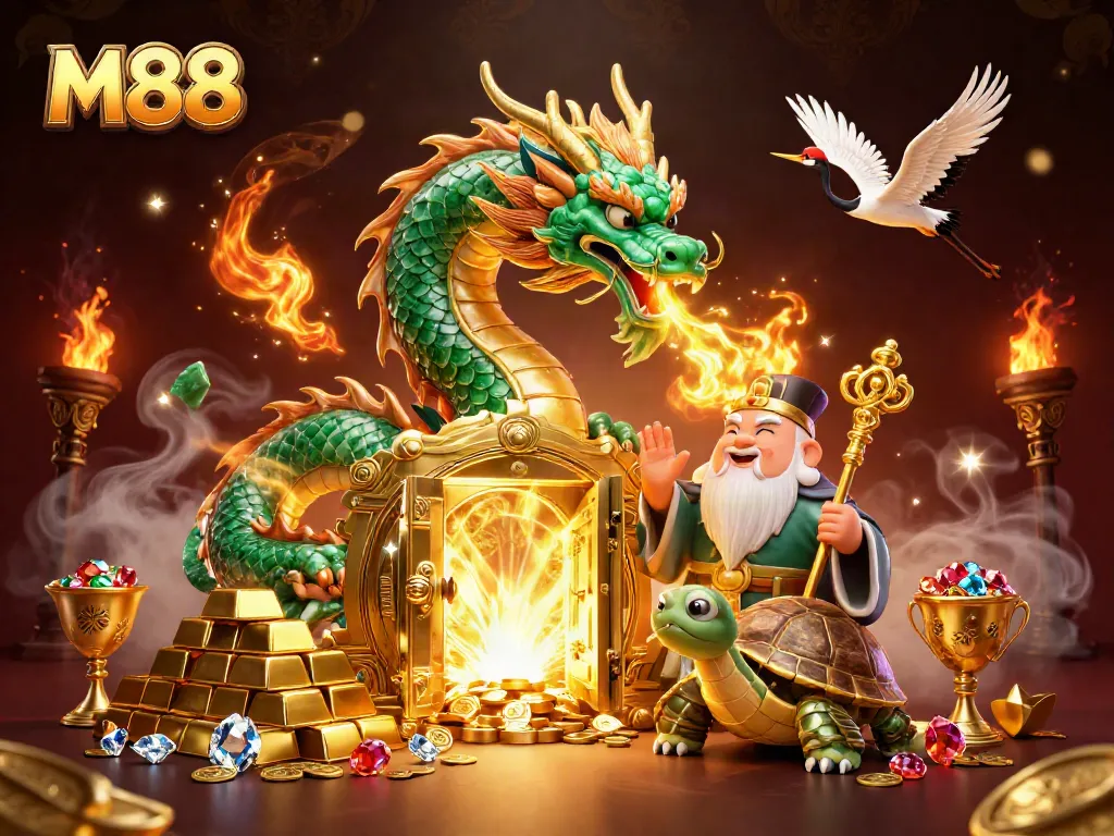 M88 showcases a captivating emerald jade dragon igniting a fortune with golden fire and treasures scattered around