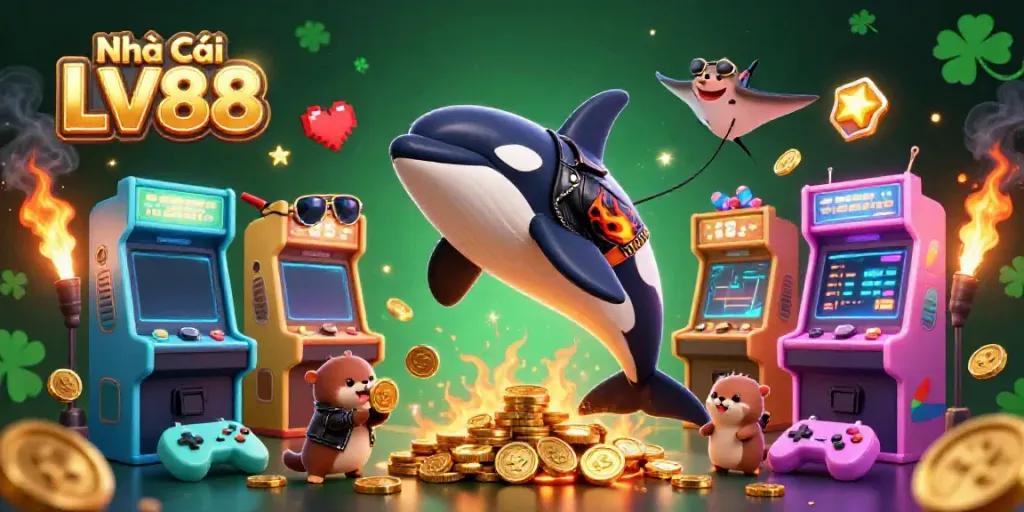 Engage in exciting casino adventures with Nhà Cái LV88 featuring dynamic characters, golden coins, and vibrant game elements.
