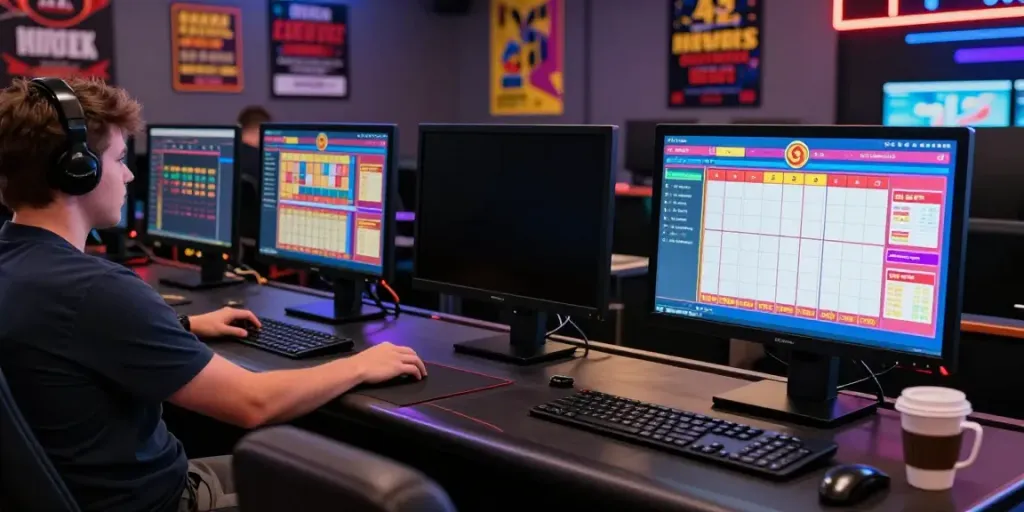 Permainan Situs Toto online dengan pemain terlibat di meja gaming modern.