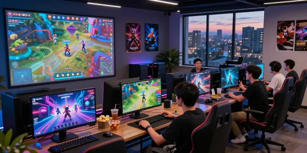 Players enjoying competitive games on a vibrant garuda404 gaming platform with immersive visuals and lively atmosphere.