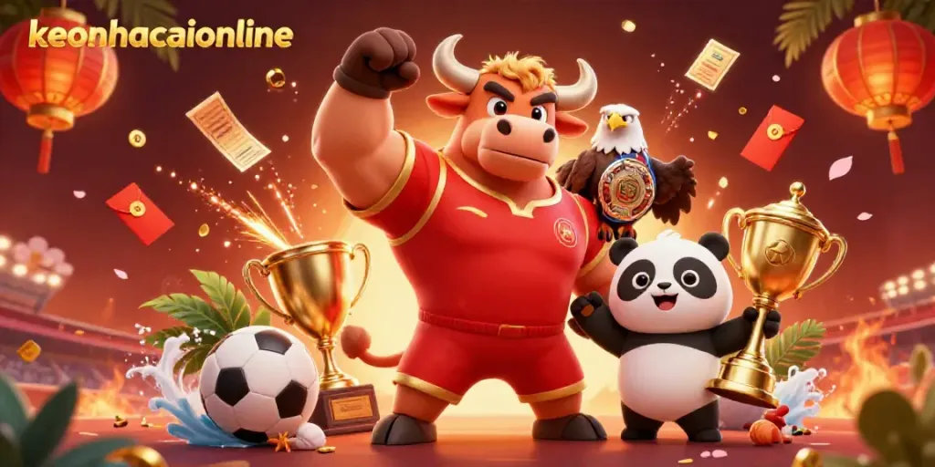 Experience dynamic sports betting excitement with keonhacaionline's vibrant illustration featuring charismatic mascots.