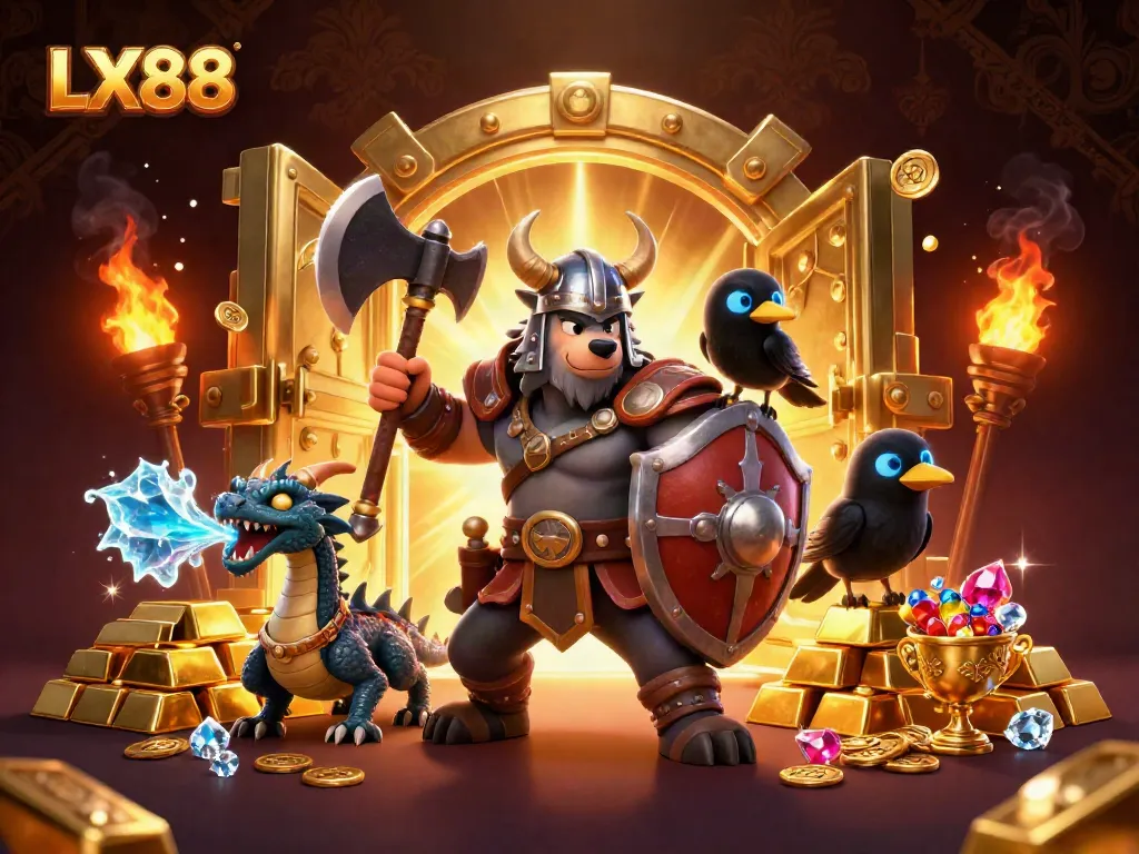 Experience the thrill of winning at LX88 with a Viking wolf warrior, treasure, and dragons.