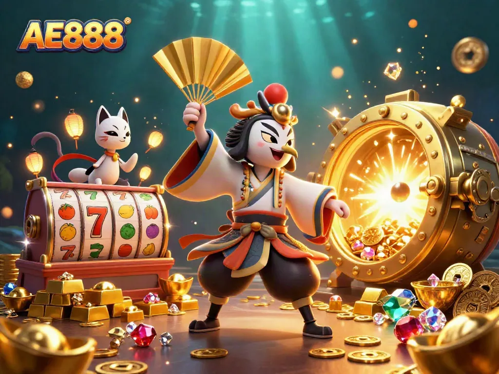 Experience the thrill of AE888 slots with a vibrant casino-themed 3D illustration.