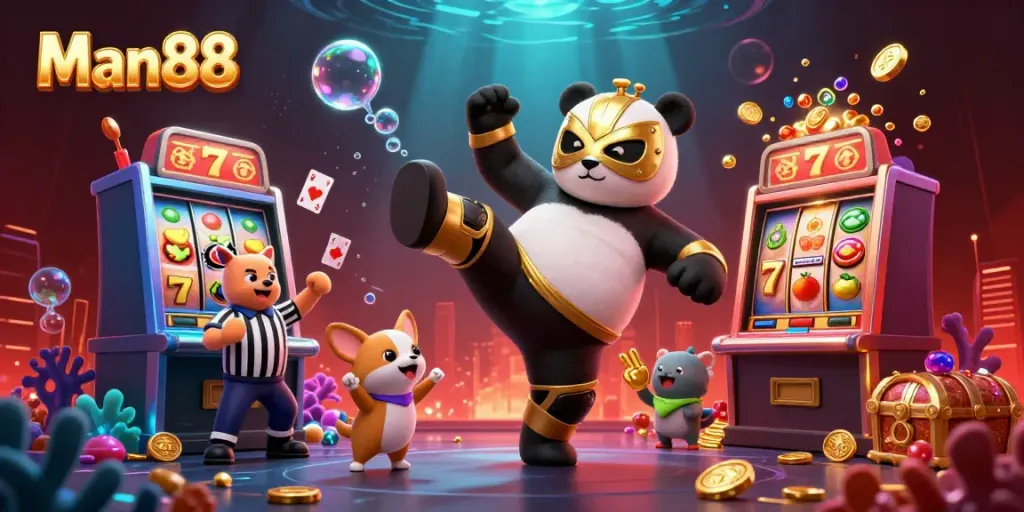 Experience the thrilling action at Man88 with dynamic 3D illustrations of a wrestler panda and casino elements.