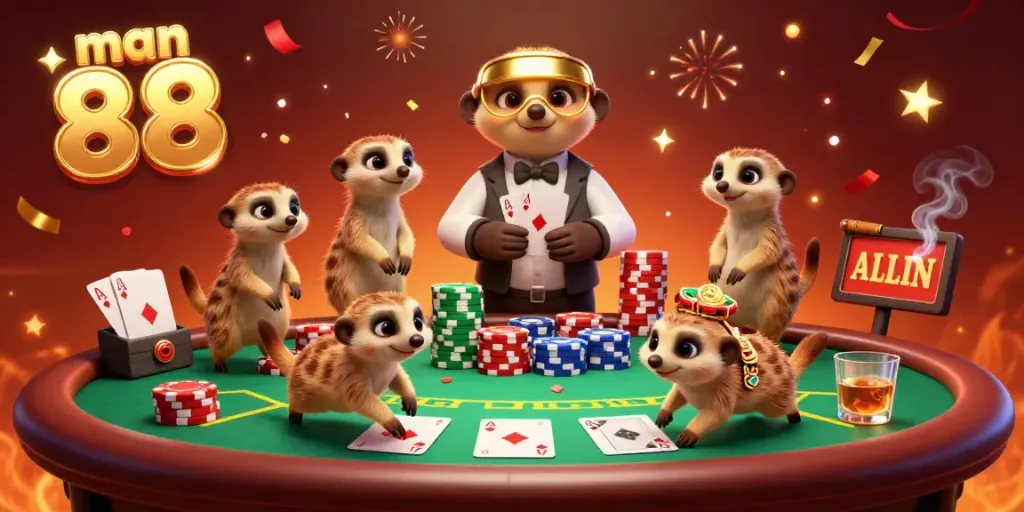 Experience the excitement of man 88 with meerkats in a vibrant casino atmosphere, showcasing poker elements and festive details.