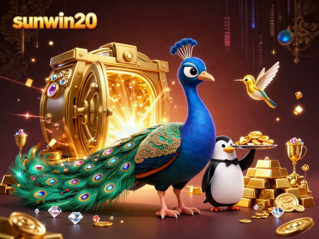 Experience thrilling wins at sunwin20 with vibrant casino scenes featuring a peacock and treasures.