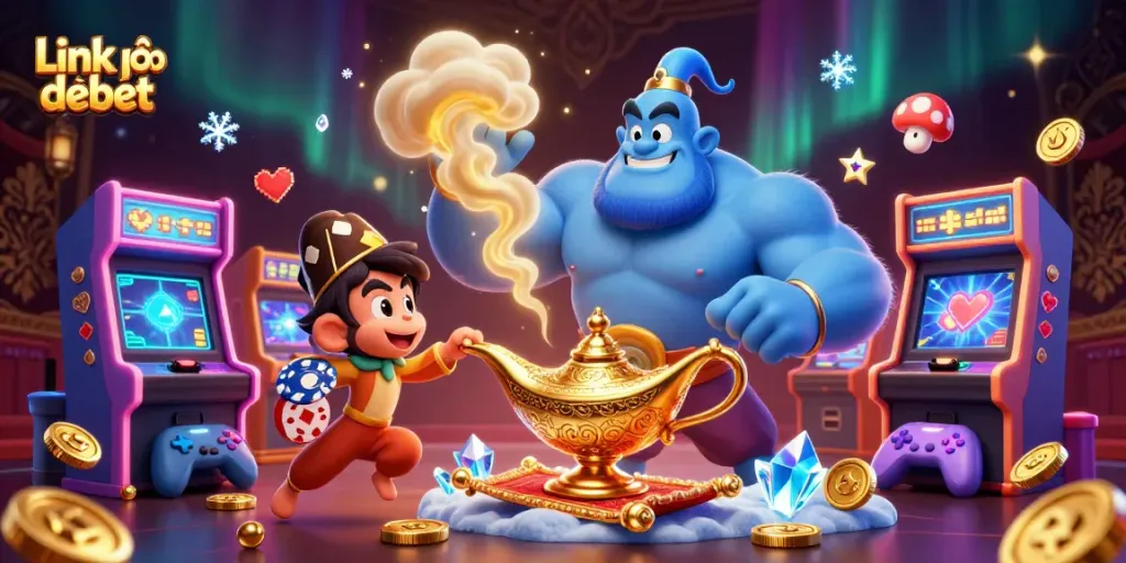 Experience the thrill of gambling with Link vào debet as a genie grants wishes, surrounded by vibrant games.