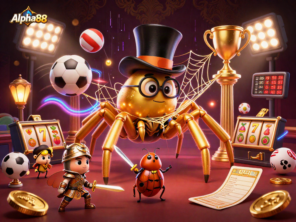Alpha88 showcases vibrant casino action with a golden tarantula and beetle knight amidst dynamic gaming elements.