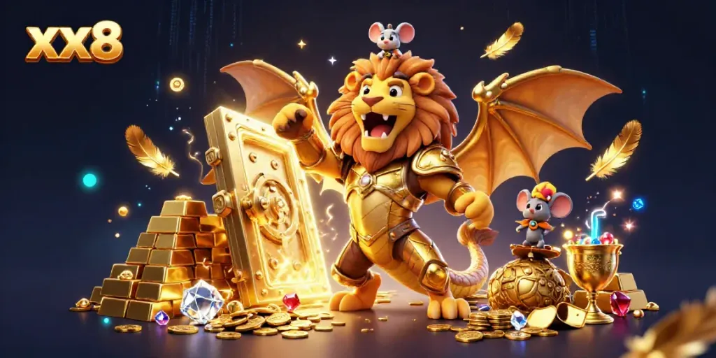 Experience the excitement of xx8 with a golden chimera and treasures in this vibrant casino scene.