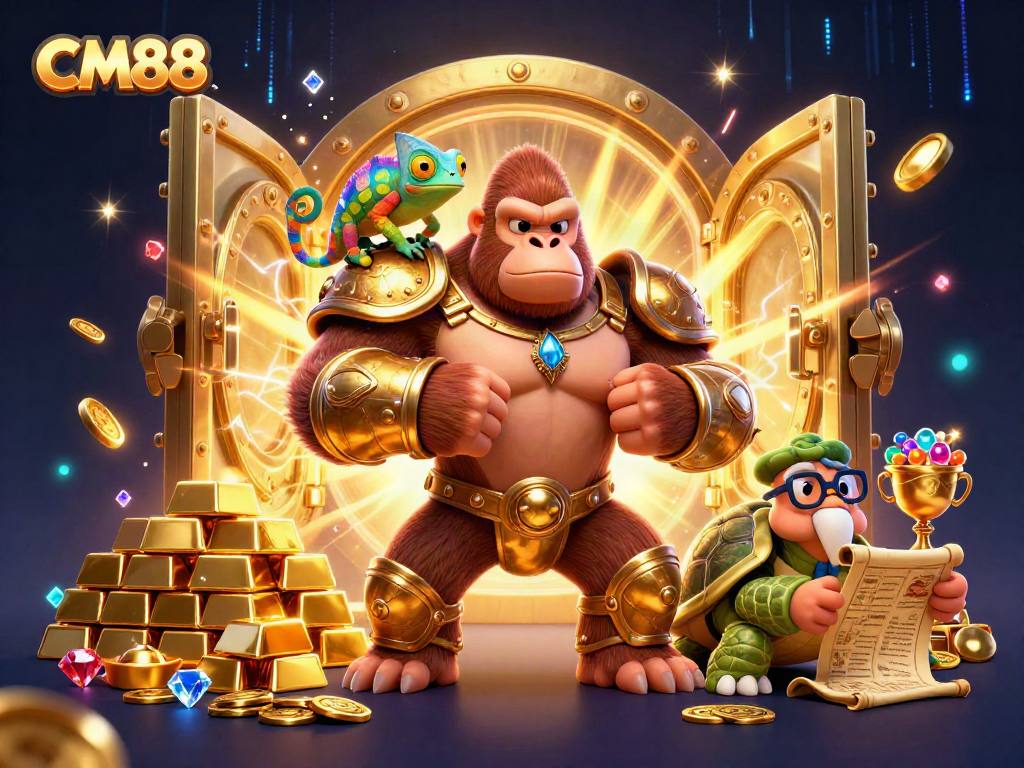 Experience the thrill of CM88's casino adventure with a powerful gorilla king amidst treasures