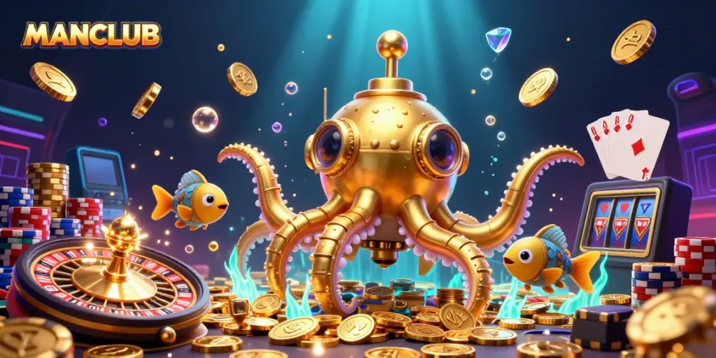 Engage with MANCLUB's thrilling underwater casino adventure featuring a golden kraken and a sea of coins.