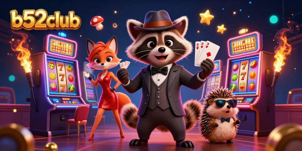Engage with b52club's lively casino scene featuring 3D characters, slots, and neon elements.