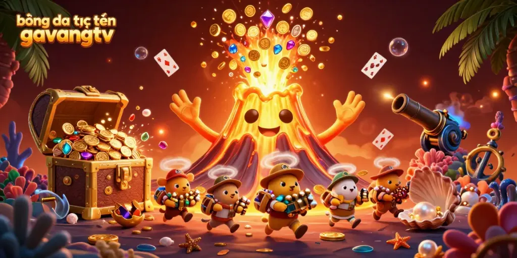 Experience the thrill of football streaming with bóng đá trực tuyến gavangtv as colorful treasures burst in 3D illustration.