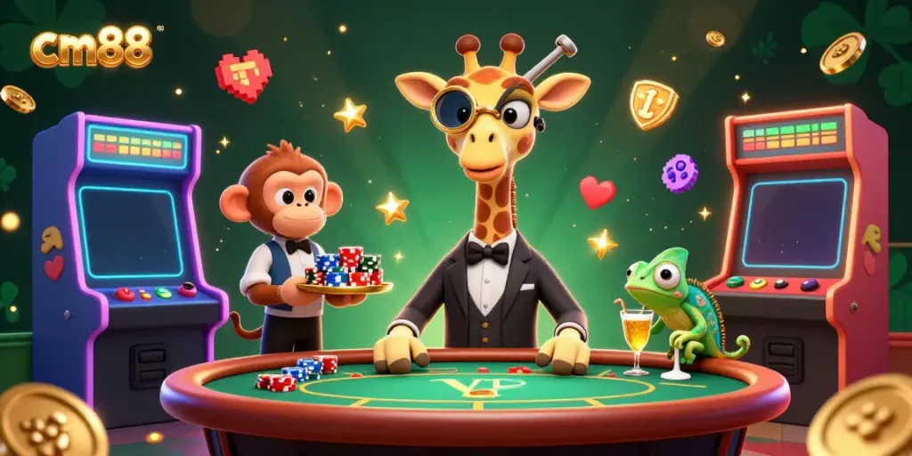 Engage with cm88, where a giraffe, monkey, and chameleon vibrant characters create an exciting casino atmosphere.