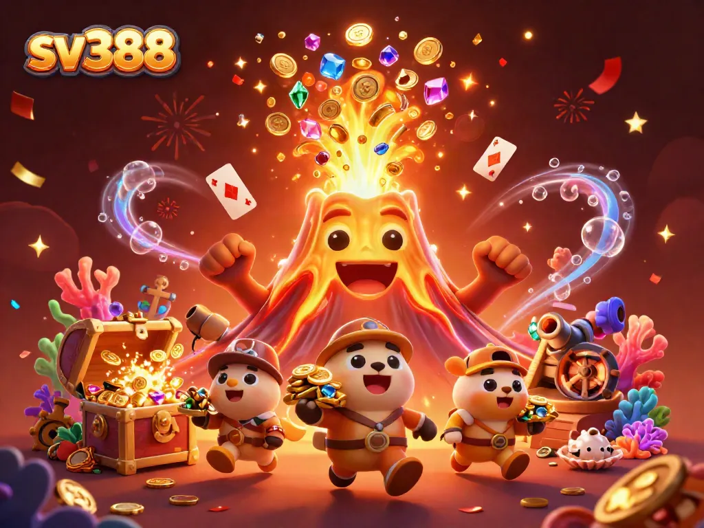 Engage with sv388's vibrant 3D illustration showcasing a golden volcano erupting treasures amidst celebratory elements.