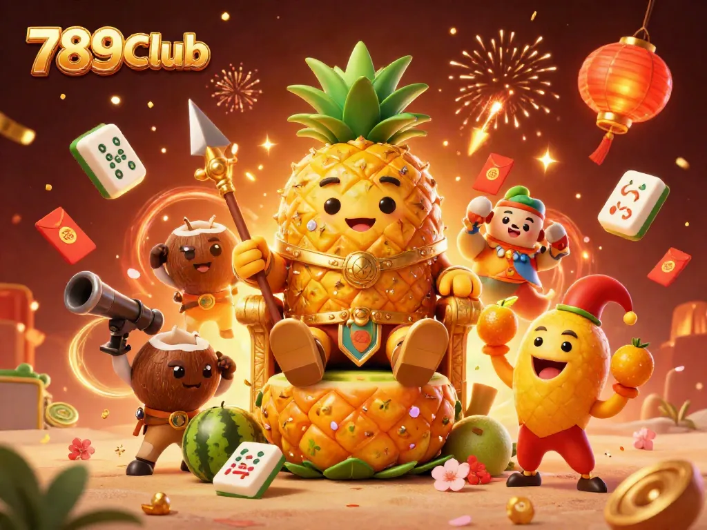 Engage with the vibrant world of 789Club featuring a golden pineapple king and festive casino elements.