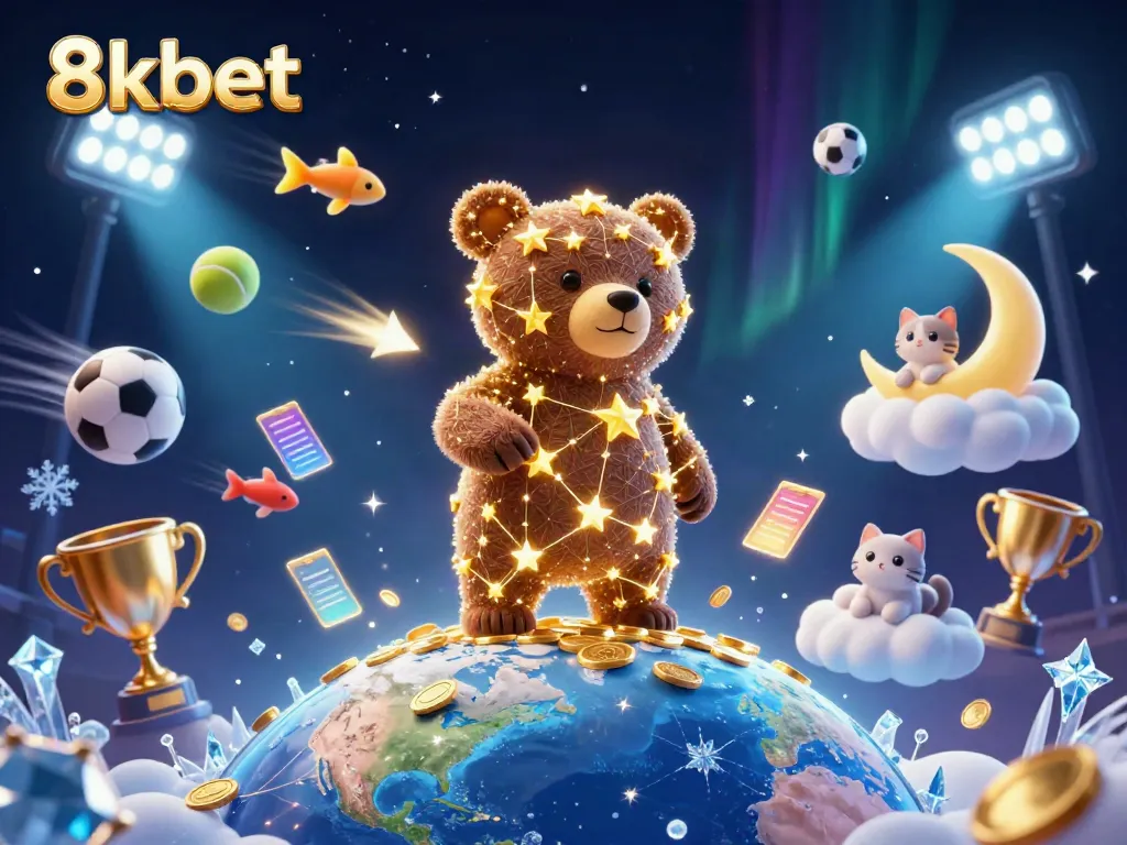 Experience the magic of winning at 8kbet with vibrant casino-themed characters and dynamic sports elements.
