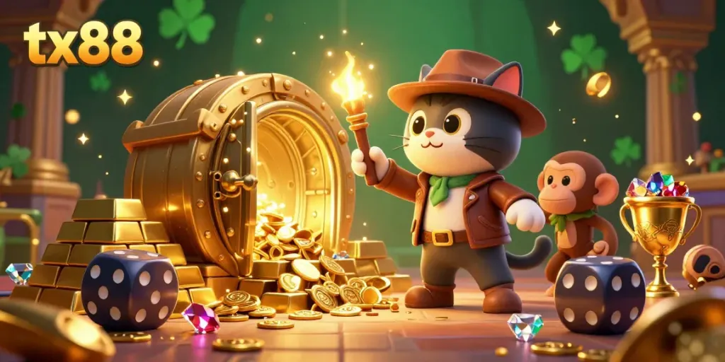 Experience thrilling wins at tx88 with our dynamic casino treasure hunt illustration.