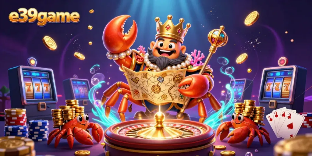 Win big with E39game's vibrant casino scene featuring a golden crab emperor and dynamic treasures!