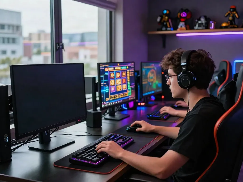 Player engaging with slot88 game on high-tech setup in vibrant gaming room