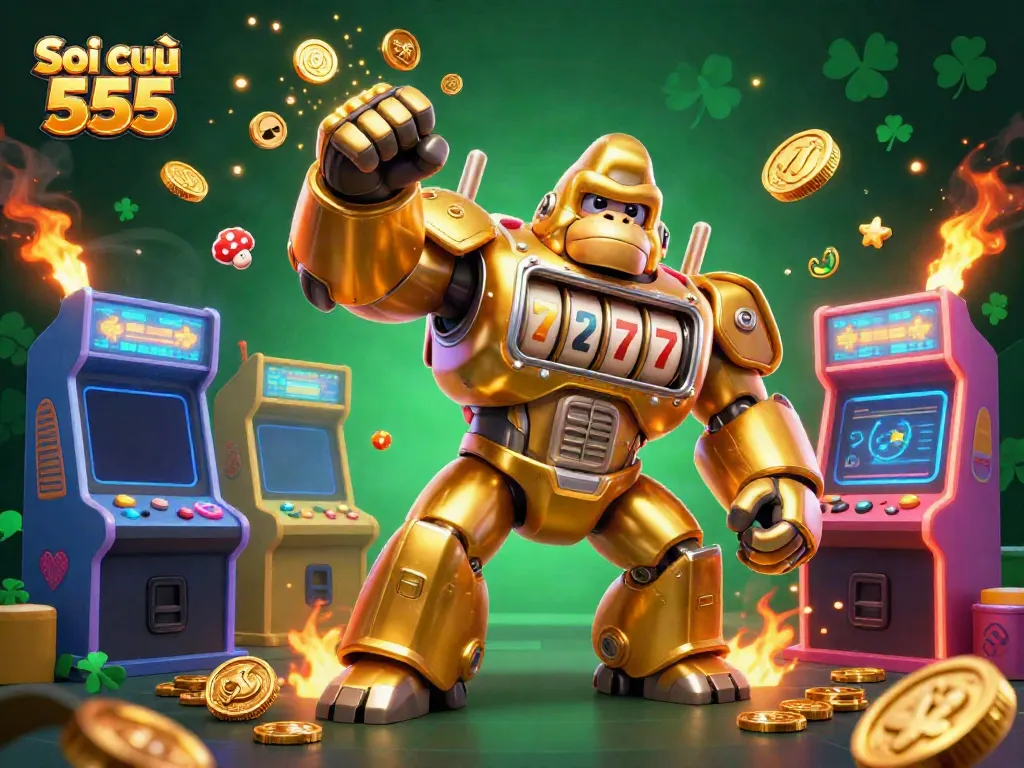 Soi cầu 555 showcases an epic scene where a golden gorilla mech bursts with coins while arcade elements celebrate gaming.