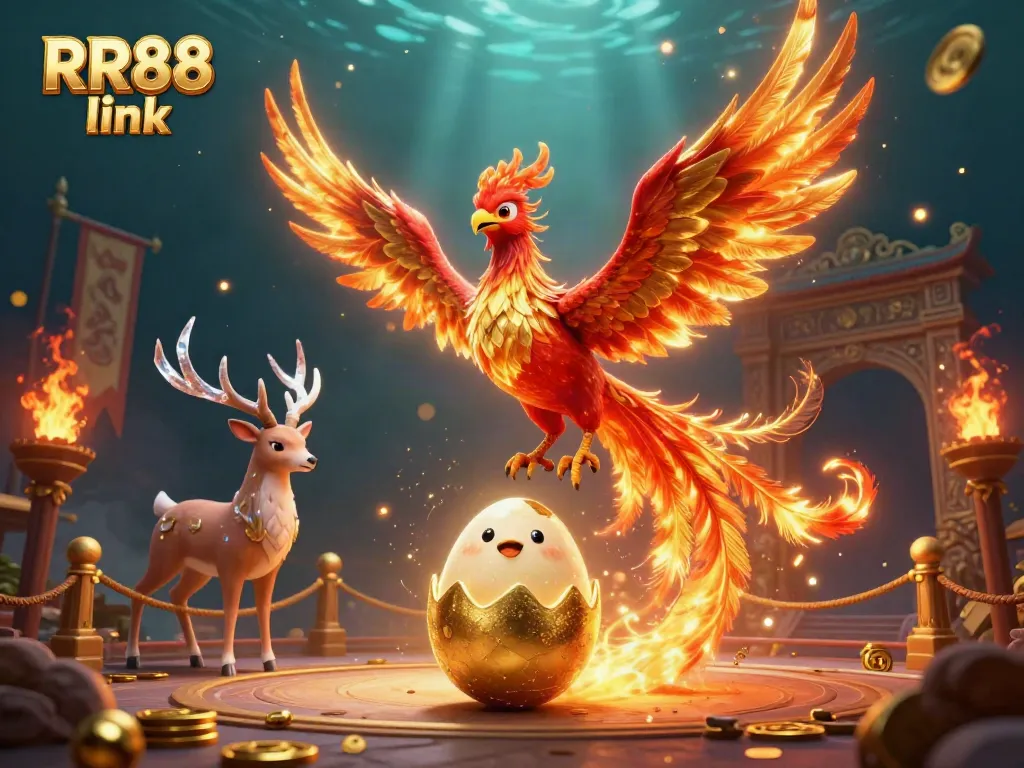 Experience thrilling interactions at RR88 link with a vibrant phoenix and mystical stag in a dynamic casino scene.
