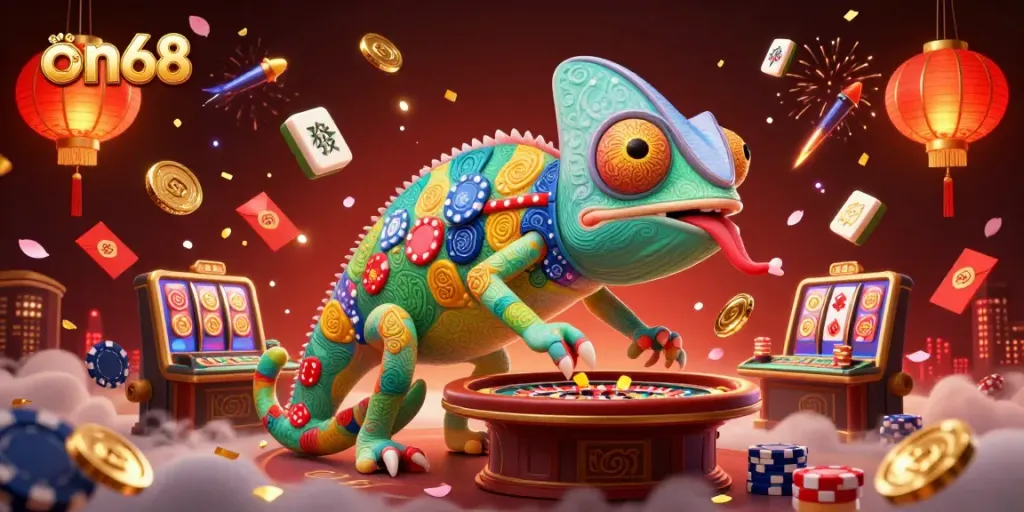 Experience the vibrant on68 casino world with a chameleon owner, dynamic game elements, and exciting visuals.