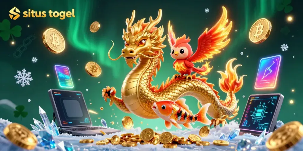 Engage in situs togel with vibrant dragon and phoenix scene, showcasing dynamic gambling elements.