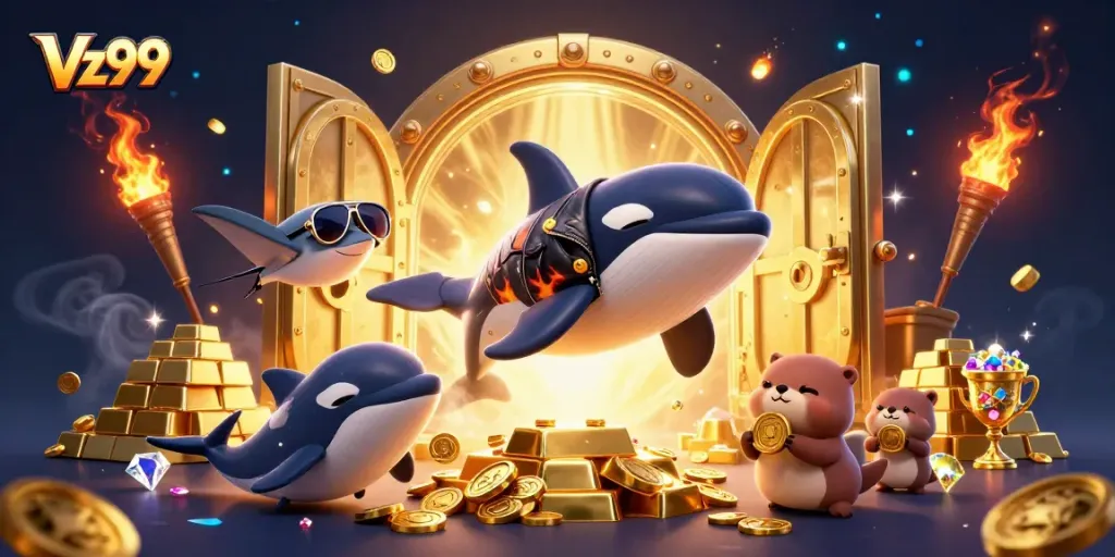 Experience Vz99's thrilling adventure with vibrant characters and golden treasures in 3D illustration.