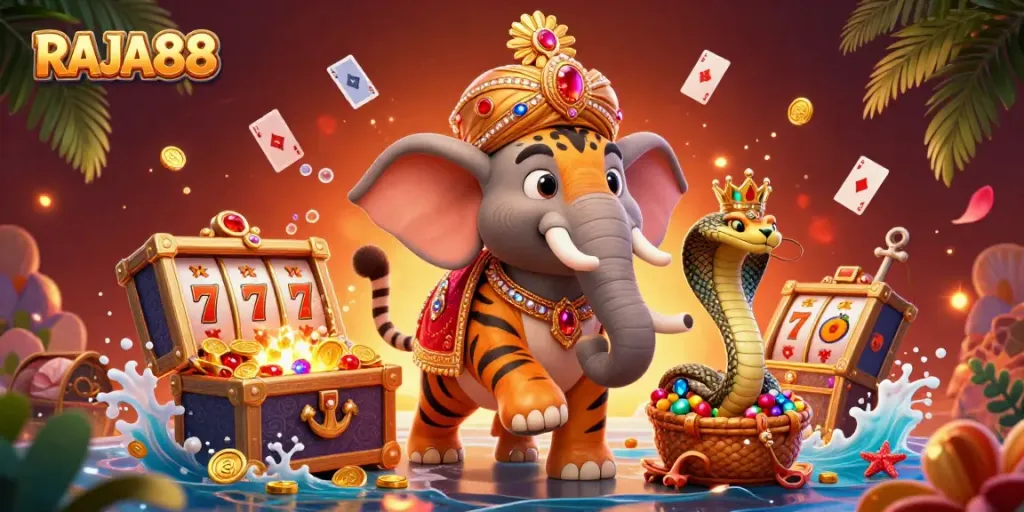 Join the fun at RAJA88 with a vibrant illustration of a maharaja tiger, transporting players to a thrilling casino experience.