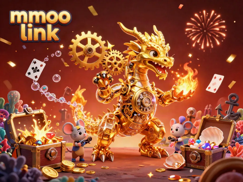 Engage with the mmoo link showcasing a vibrant 3D scene of a golden dragon amidst glowing treasures and confetti.