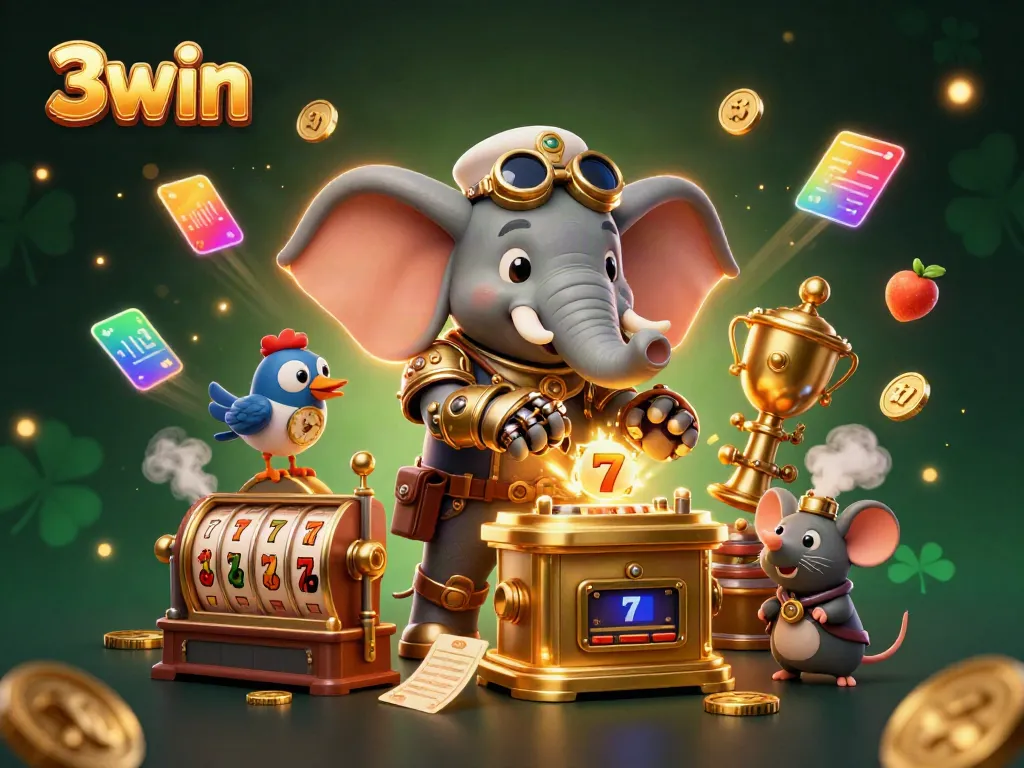 3win showcases a steampunk elephant operating a golden slot machine, perfect for engaging gamblers.