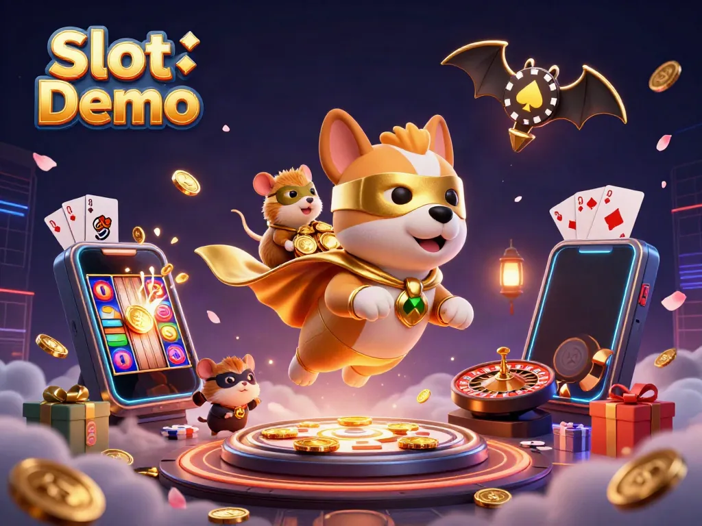 Experience the excitement of Slot Demo with a dynamic 3D scene featuring a superhero dog and hamster amidst colorful casino elements.