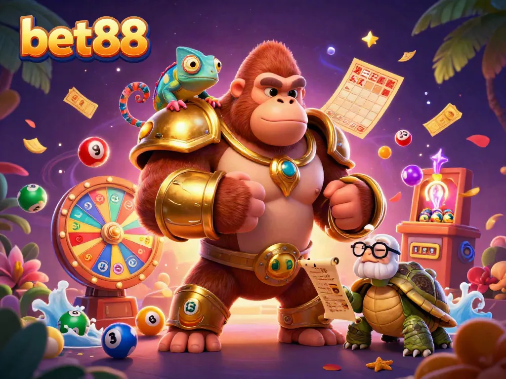 bet88 showcases vibrant casino elements with a 3D cartoon gorilla in armor, chameleon, and tortoise in action.