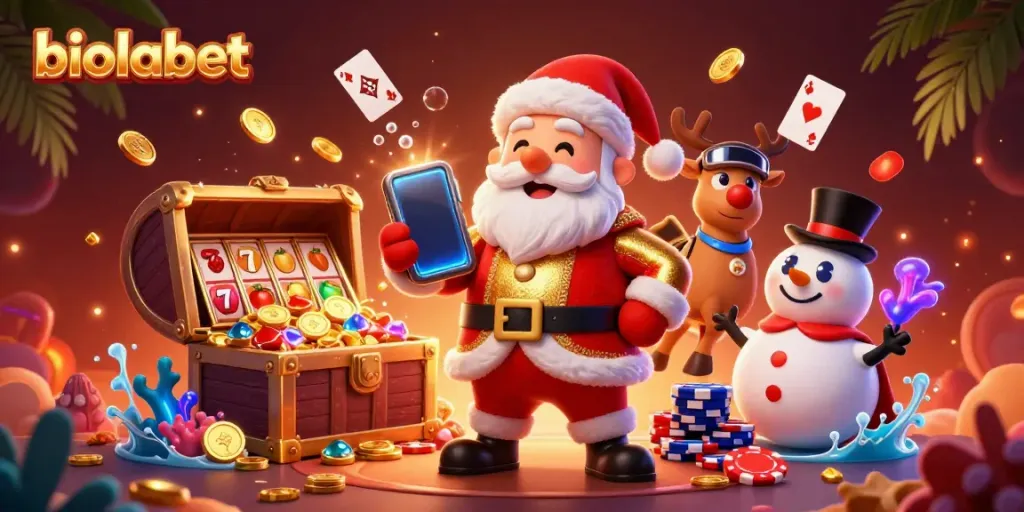Engage with biolabet's casino excitement featuring a Santa Claus character in a vibrant gaming scene.