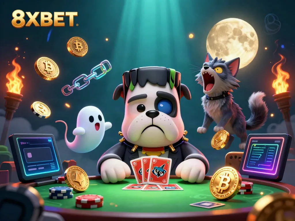 Engage in thrilling gameplay with 8XBET, where a Frankenstein bulldog dealer creates excitement at a gaming table.
