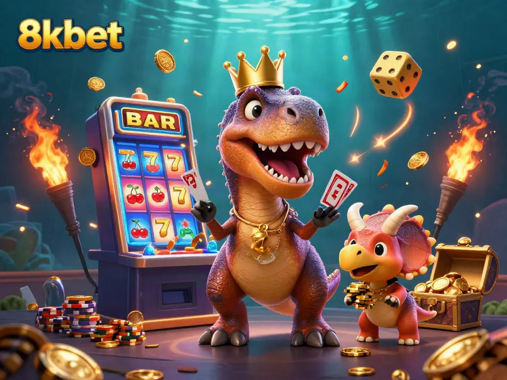 Experience excitement with 8xbet's animated characters in a vibrant casino setting bursting with action.