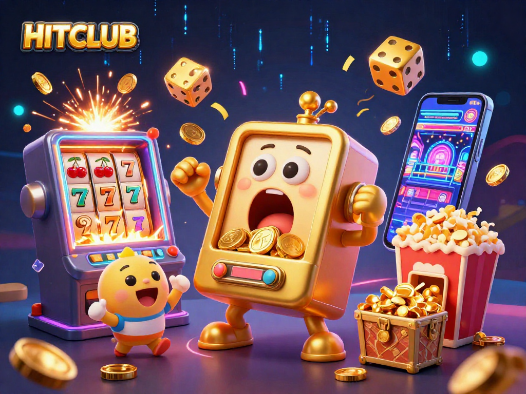 Hitclub's golden slot machine celebrates a jackpot with coins, surrounded by cheerful machines and festive elements.