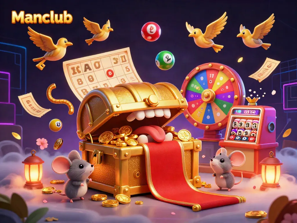 Manclub offers an exciting gaming experience with a colorful treasure chest, dynamic lottery elements, and vibrant game symbols.