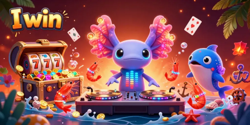 I win with a vibrant 3D illustration of a neon axolotl DJ spinning slots and treasures at an underwater casino.